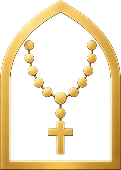Rosário Montfort: rosário dourado dentro de uma janela de igreja